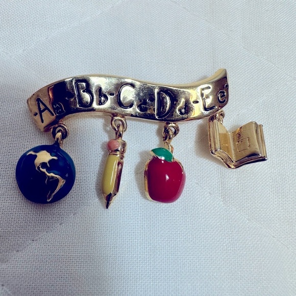 Vintage School Teacher Brooch Pin Apple ABC Book Pencil Enamel Gold Tone - Picture 3 of 3